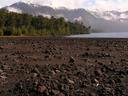 The beach at Lago Todos Los Santos -- volcanic rocks and dust.
